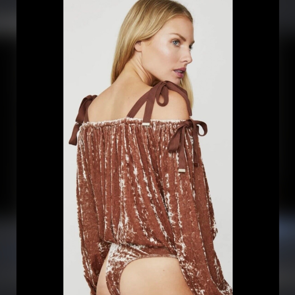 Free People x HAH Hot As Hell Beg Brown Crushed Velvet Bodysuit Size Small